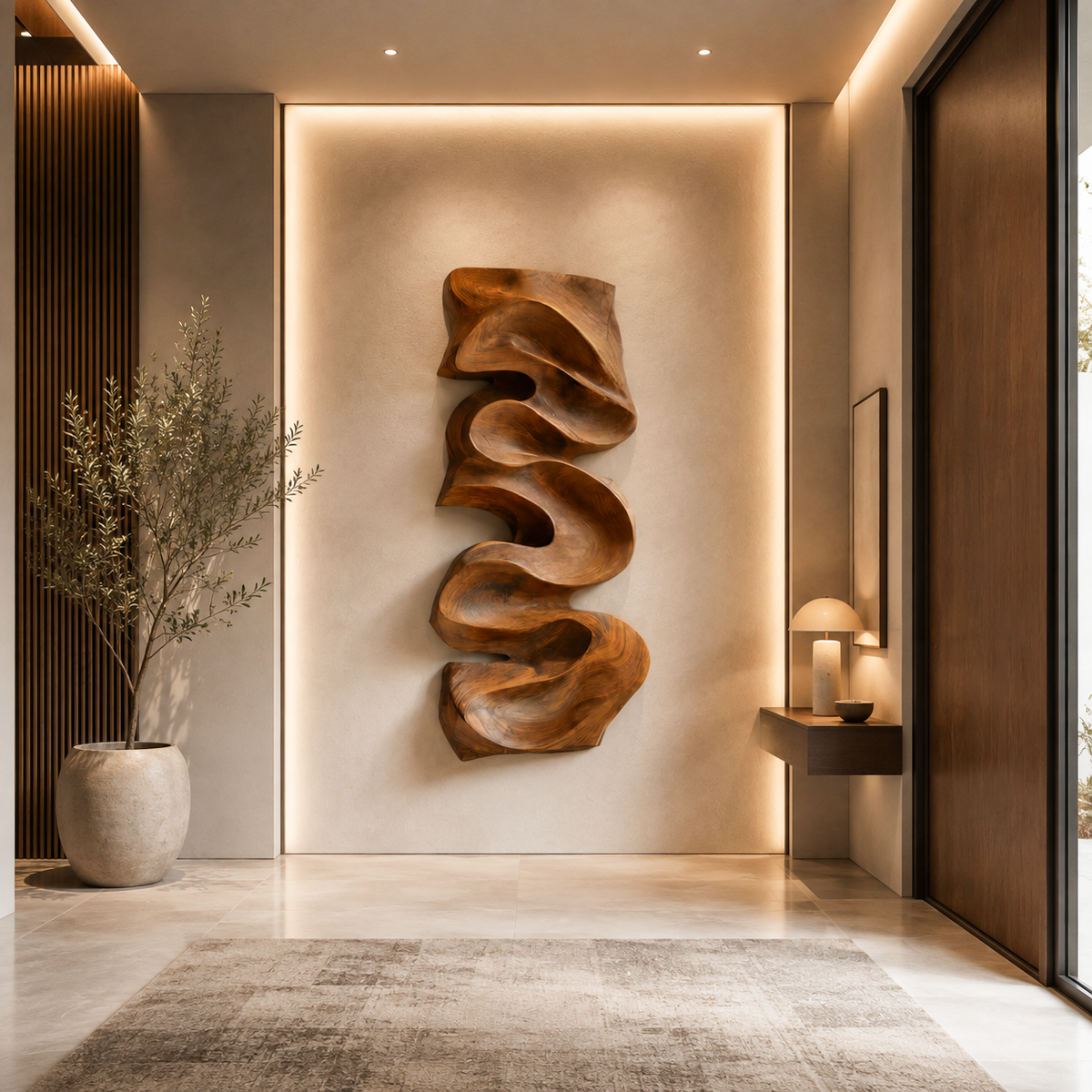 Tall Cascading Curve Carved Wood Wall Panel, 47 to 79 in High