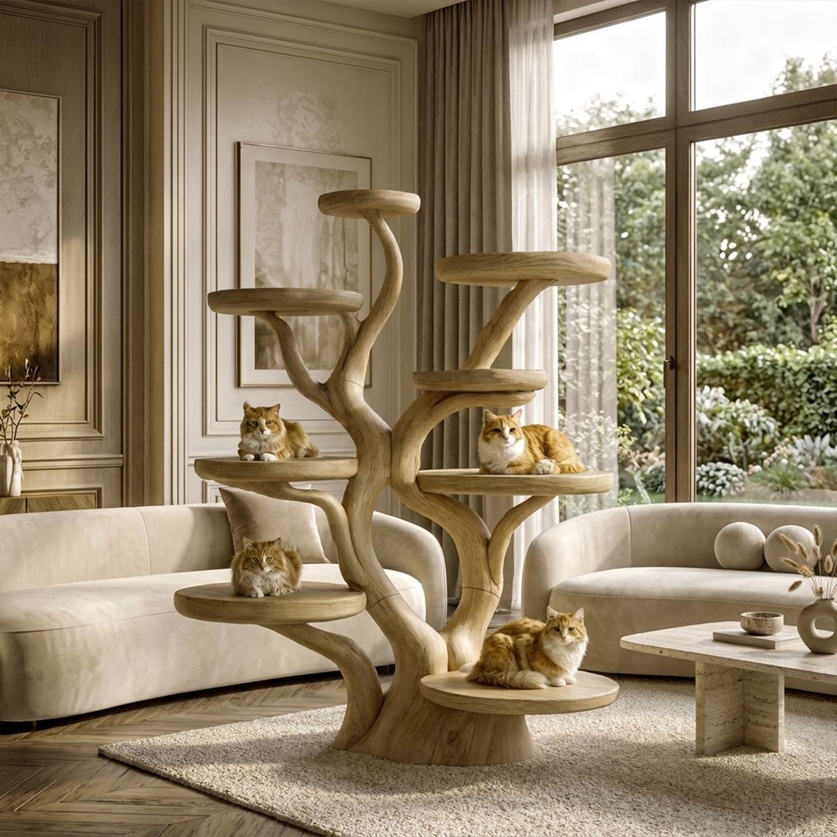 Rustic Solid Wood Cat Tree with Curved Trunk and Tiered Platforms
