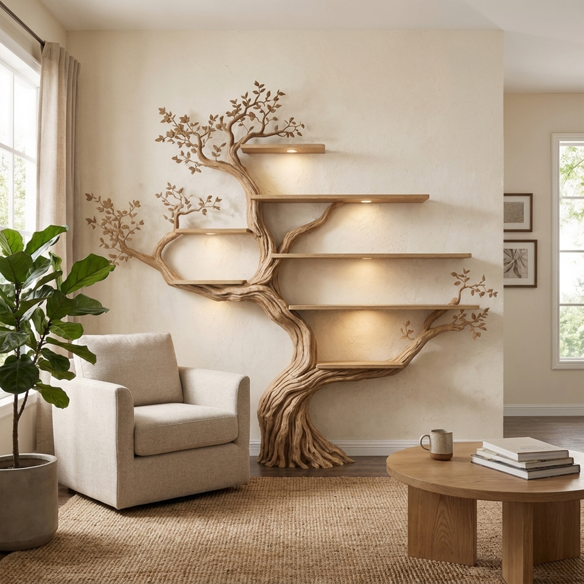Floral-Style Branch Wall Bookcase, 70 x 70 Inch Living Room Feature