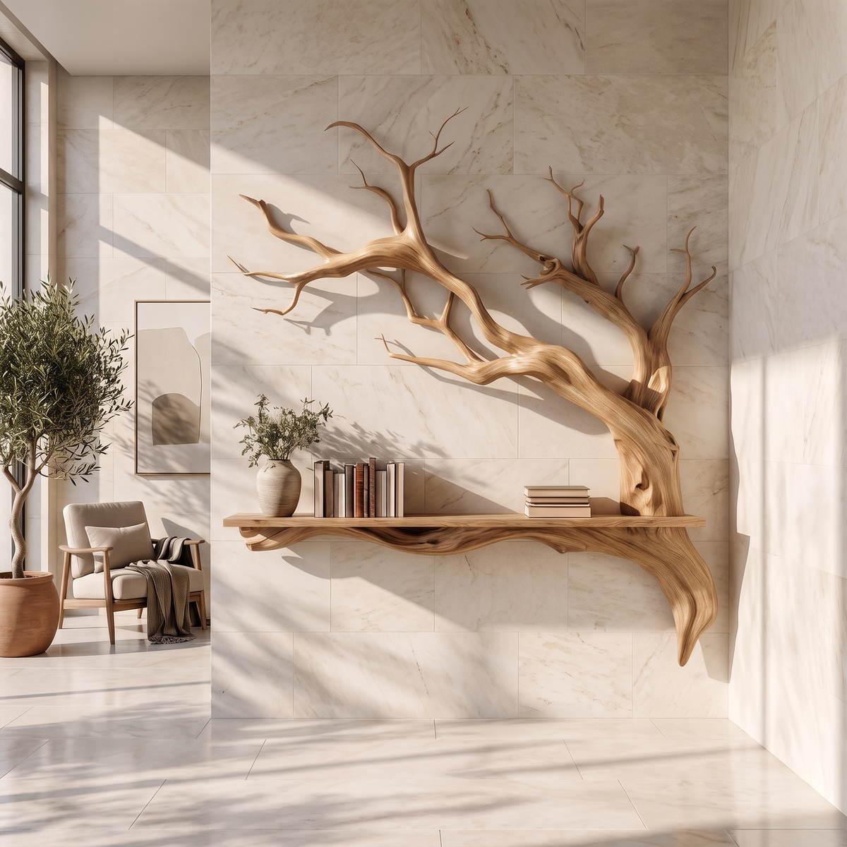 Wood Slab Ledge Wall Shelf with Carved Branch Accent, 32-47 in