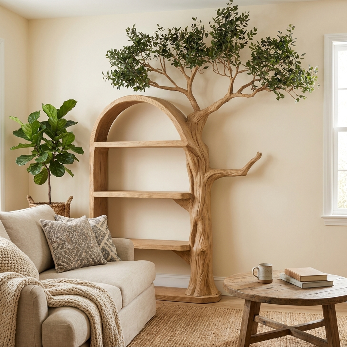 Brown Branch Wall Bookcase with Concealed Brackets, 70 x 60 in