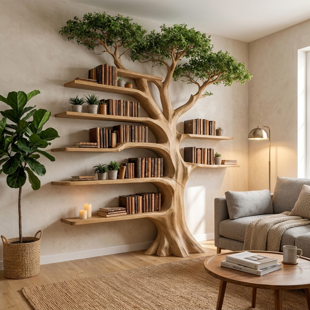 Tree Display Bookcase with Bench Seat for Reading Nooks, 70 x 80 in