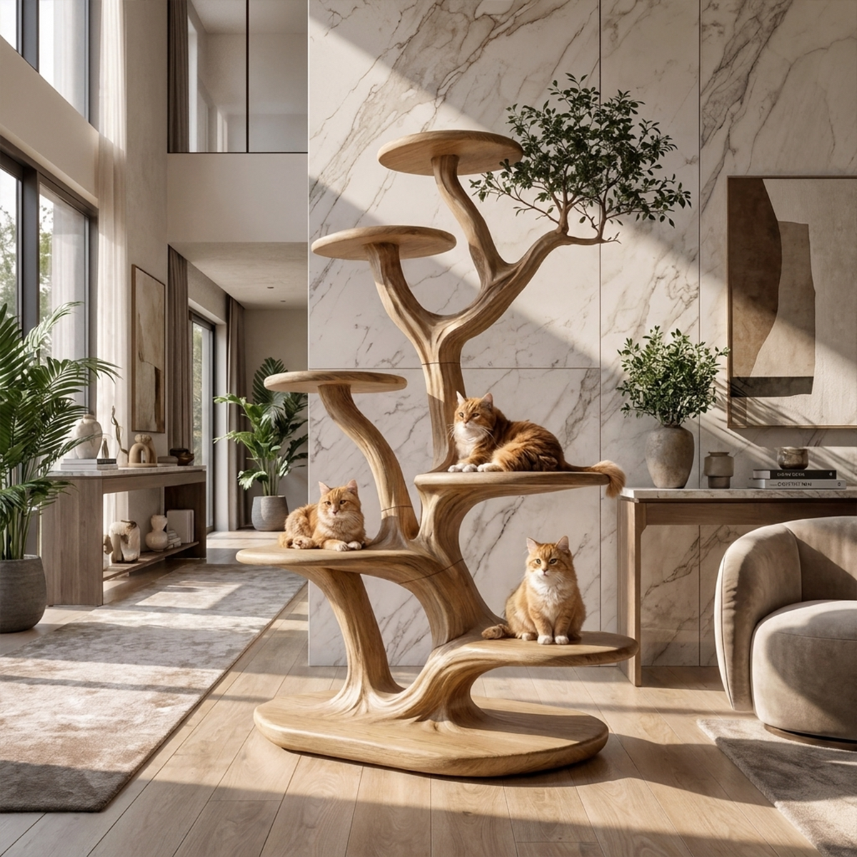 Cat Tree Tower, Rustic Solid Wood Climbing Furniture for Living Room