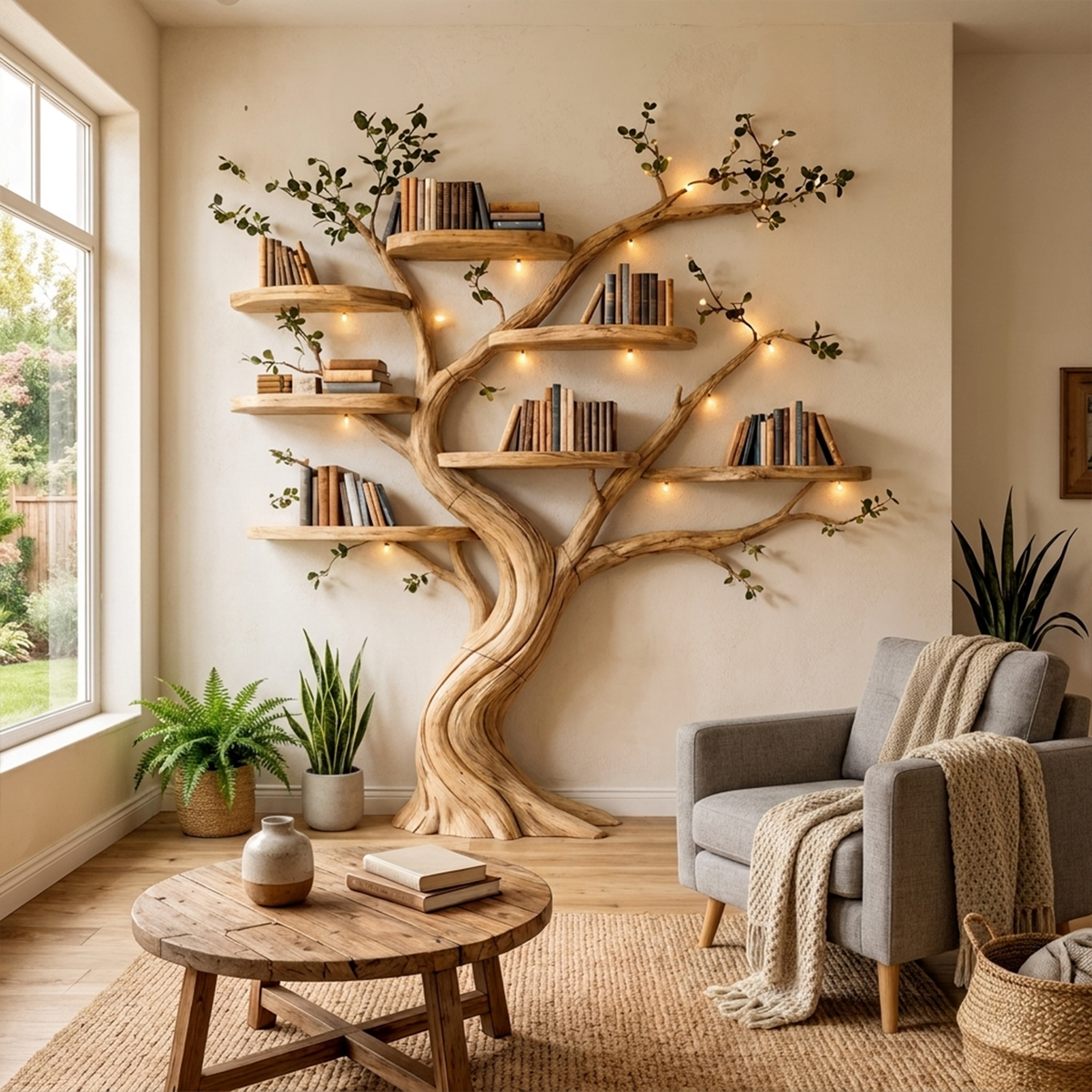 Blossom Branch Wall Bookshelf with Floating Shelves, 70 Inch Square