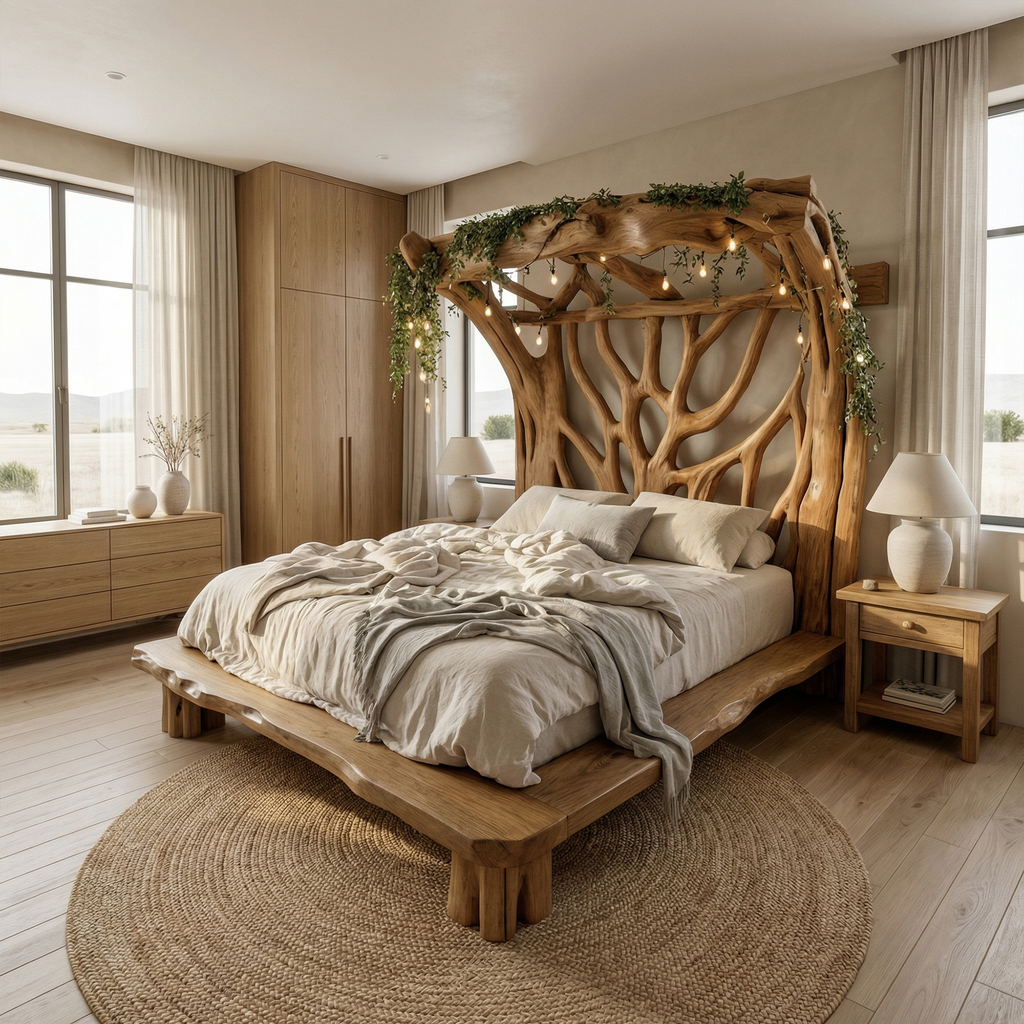 Rustic Solid Wood Tree Bed Frame with Organic Curves