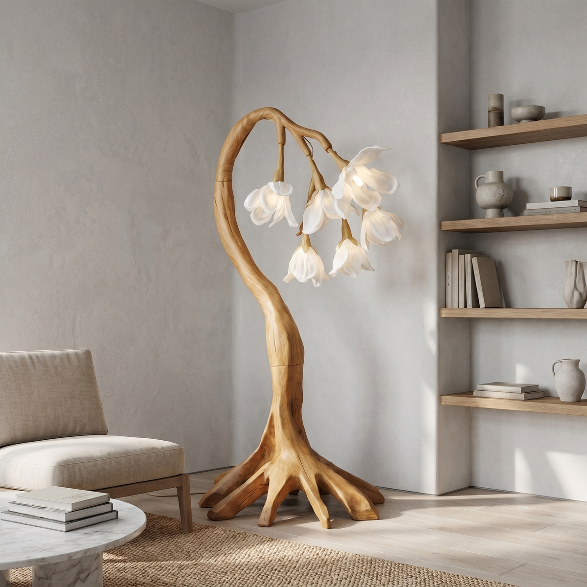 Petal Shade Floor Lamp on Curved Wood Branch Stand, 51 or 61 in