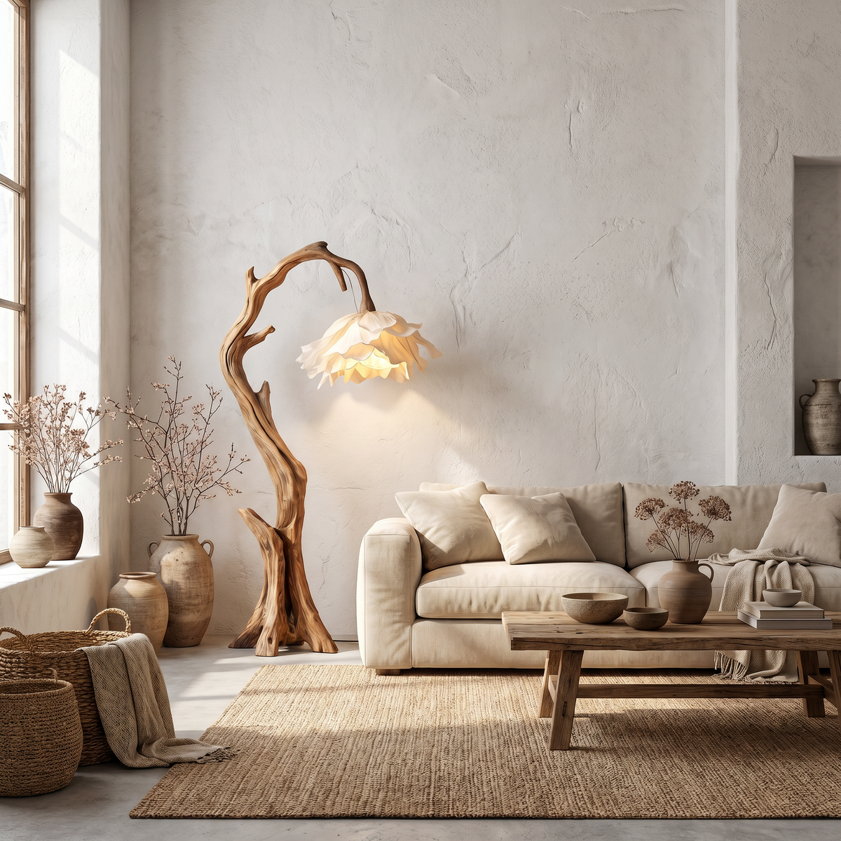 Wood Base Floor Lamp with Flower-Shaped Shades, 51 or 61 in Tall
