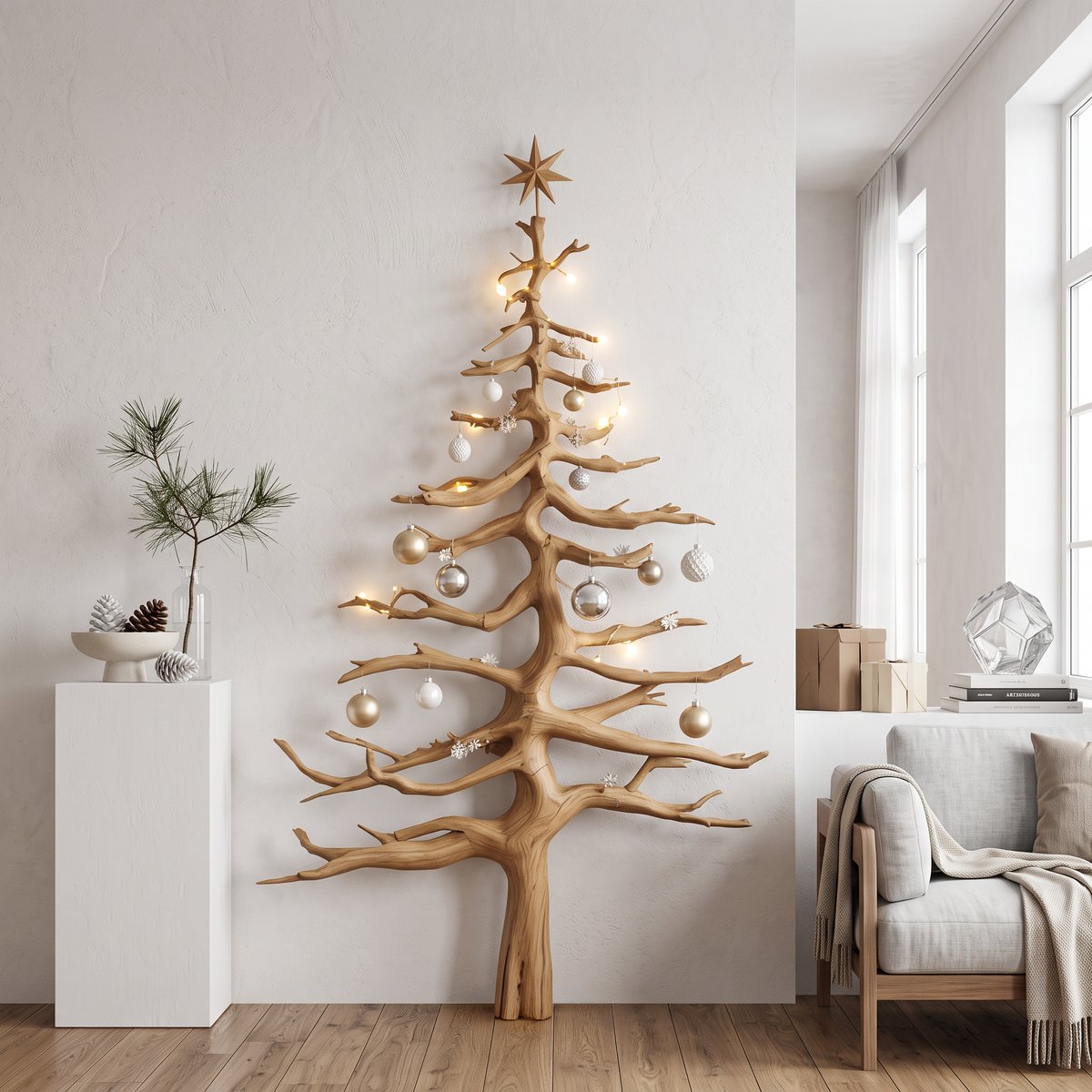 Evergreen Tree Shaped Wood Wall Shelf with Crossed Branches, 70 in