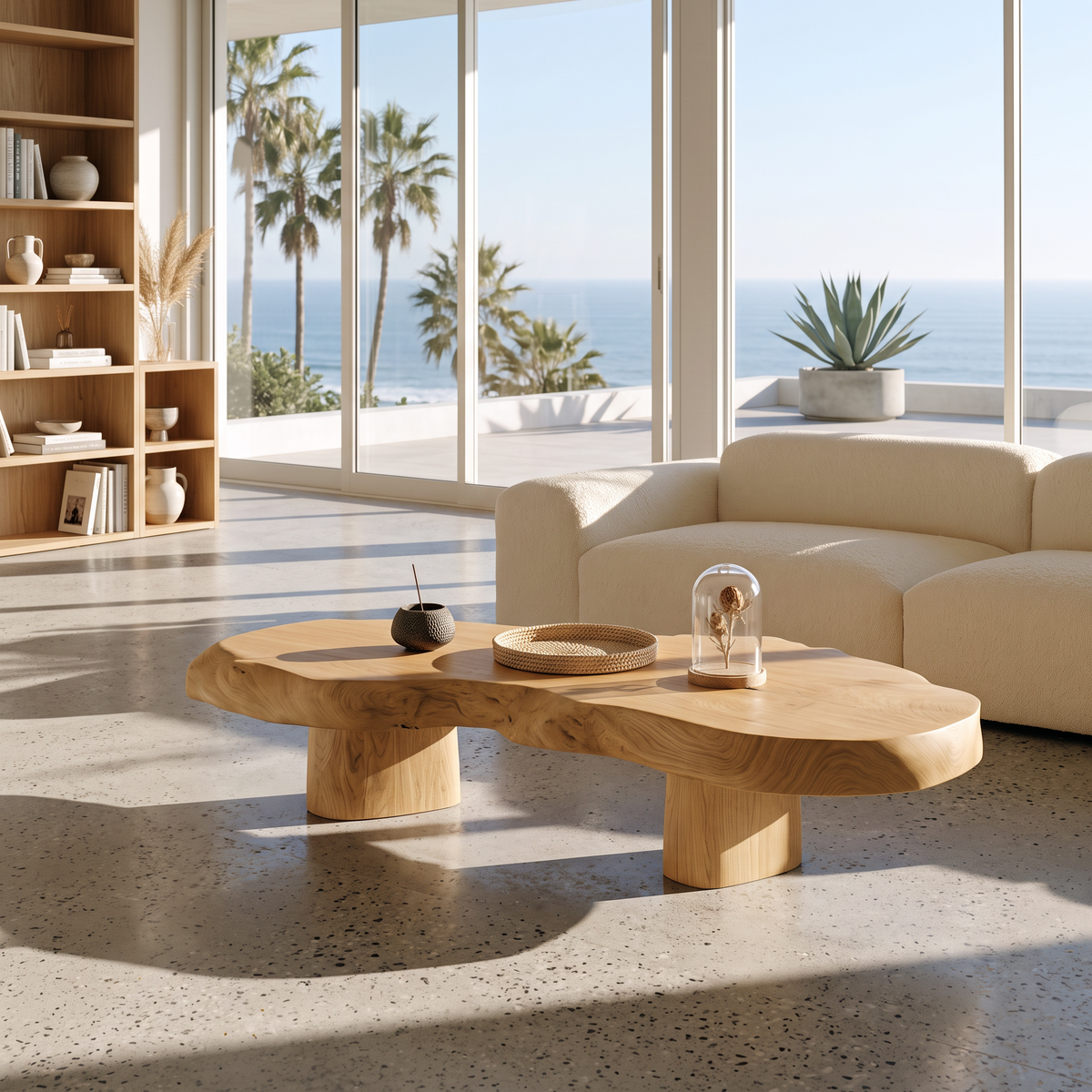 Modern Solid Wood Coffee Table With Sculptural Slab Top For Living Room