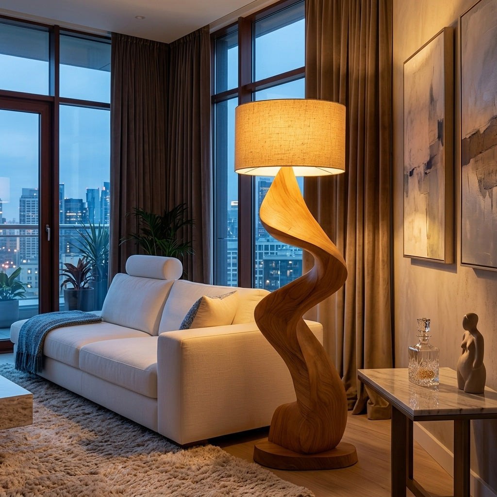 Gracefully Twisted Wood Base Floor Lamp, Fabric Shade, 39-63 in