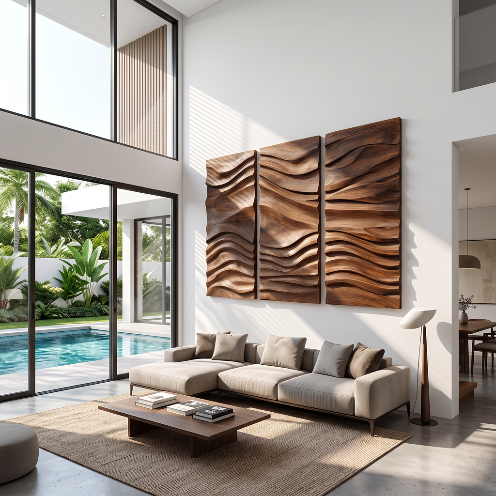 Hand-Carved Hardwood Wave Wall Sculpture for Entryway