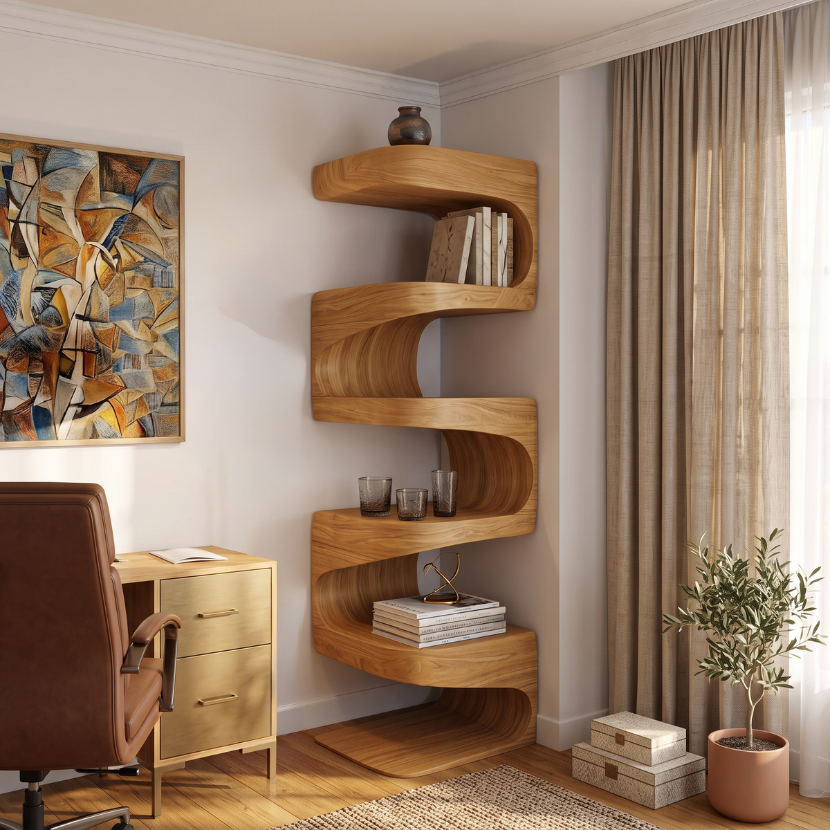 Flowing Wave Corner Shelf Unit in Solid Wood, 47 to 63 Inches Tall