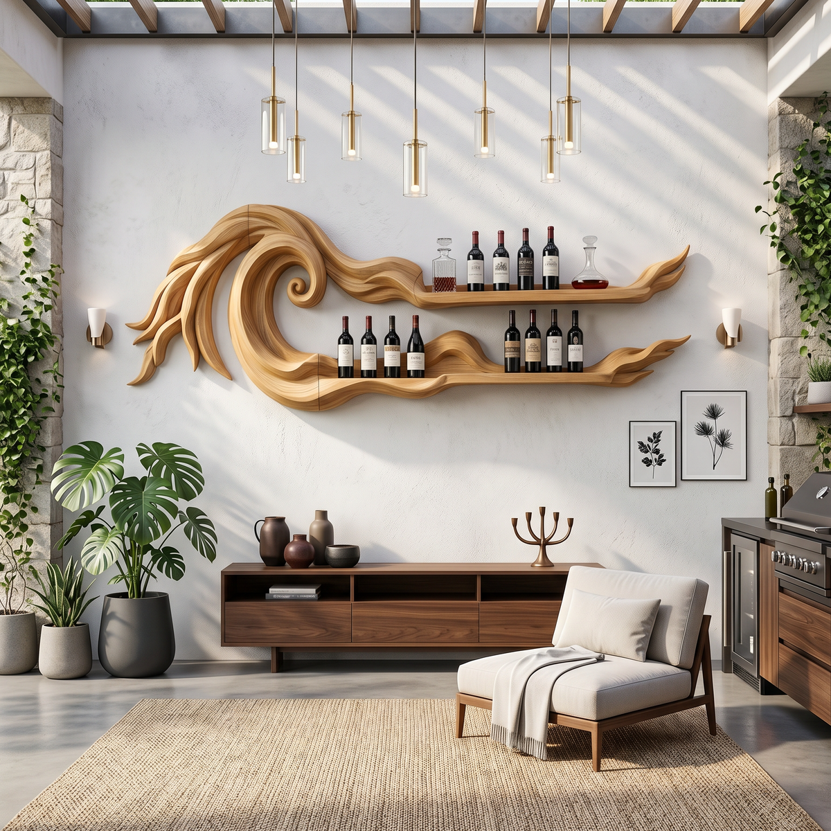 Long Wall-Mounted Wood Wine Rack For Beach Houses, 70 to 88 Inch