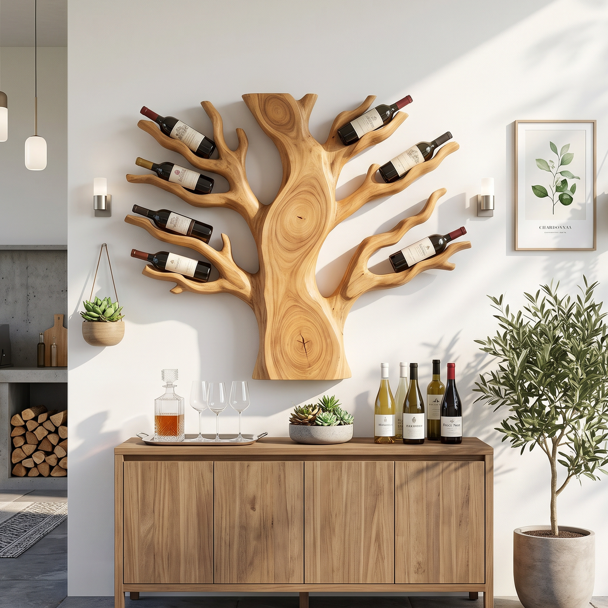 Floating Wall Wine Rack In Solid Wood For Living Rooms, 64 to 76 Inch