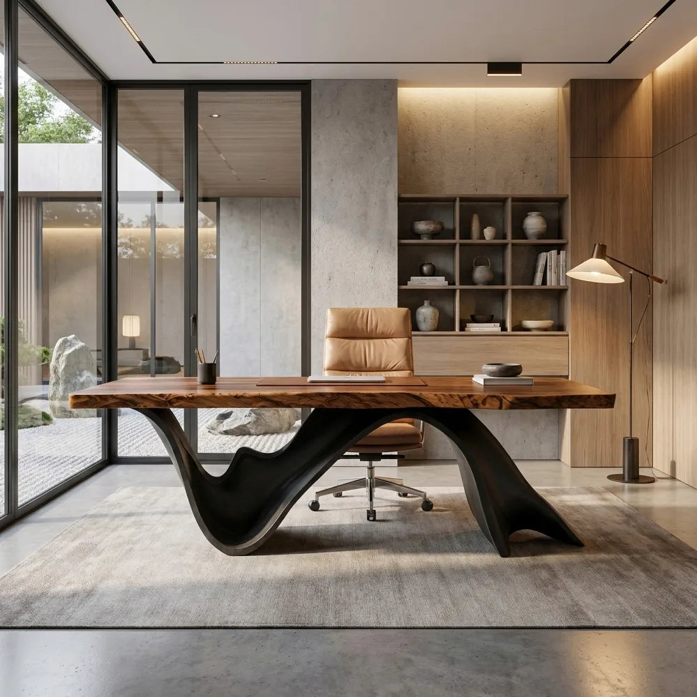 Live Edge Executive Desk With Dark Curved Sculptural Bases