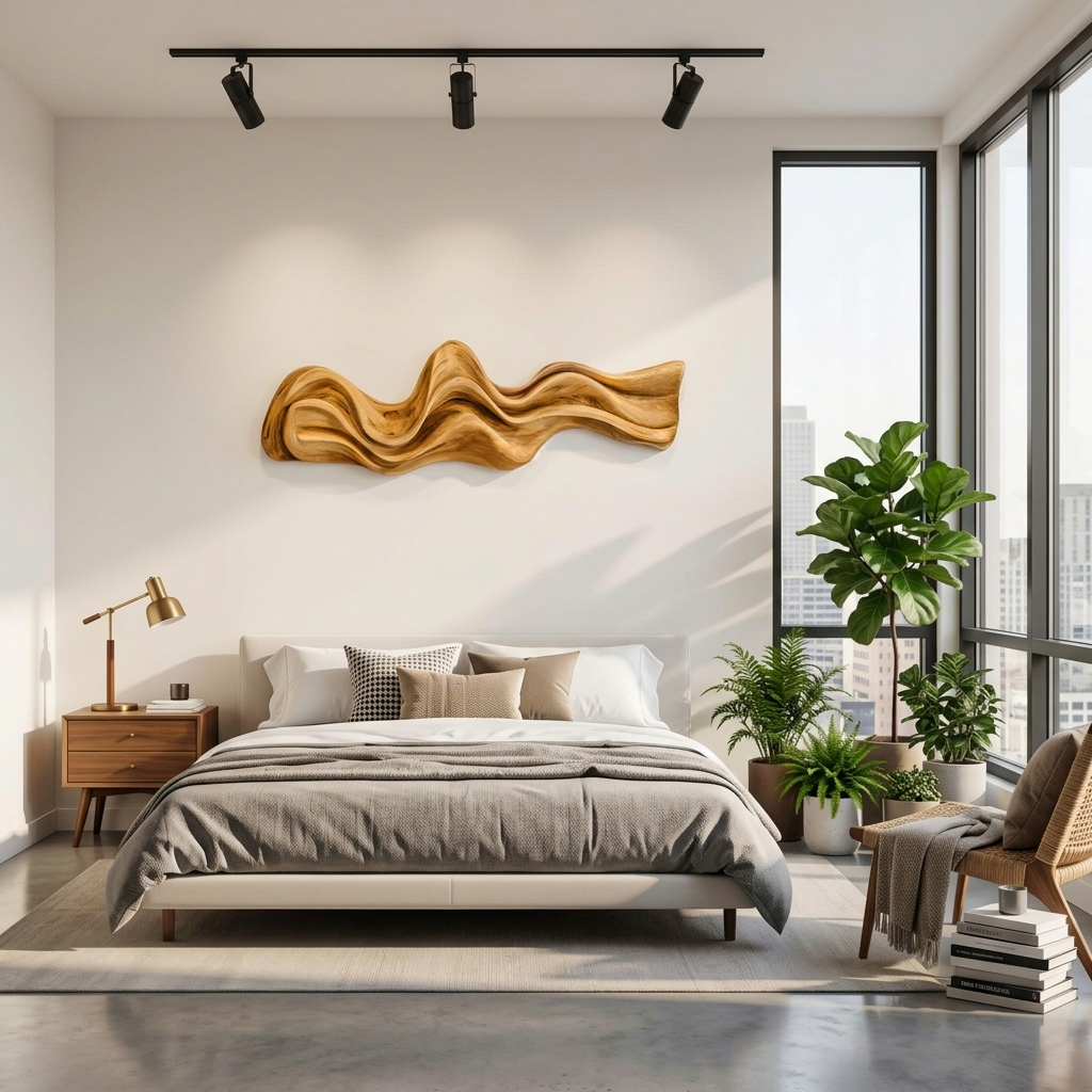 Long Rippled Wood Wall Sculpture, 39 to 71 Inch Wide Over-Sofa Art
