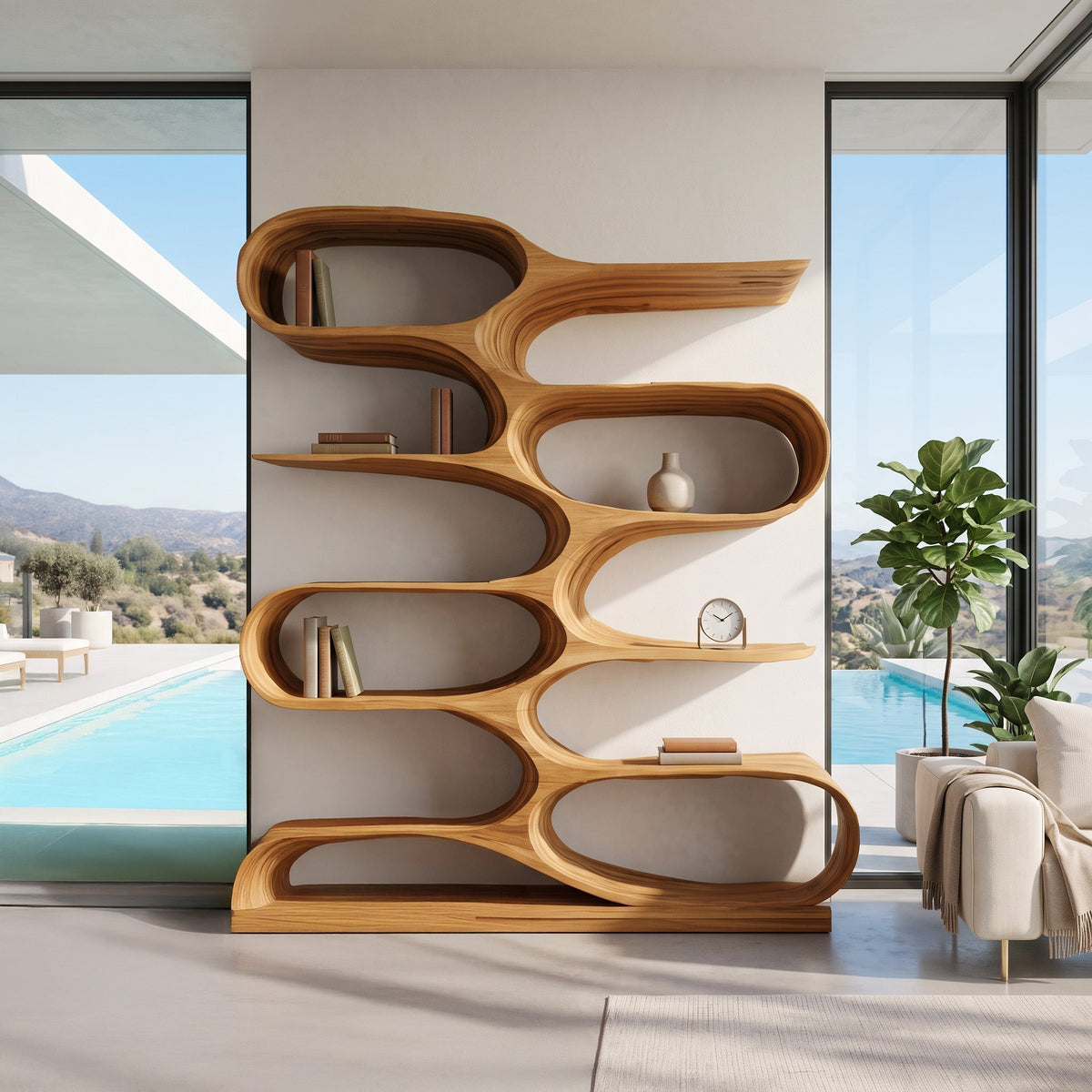 Wavy Tiered Wood Bookcase for Living Room or Study, 47 to 80 in Tall