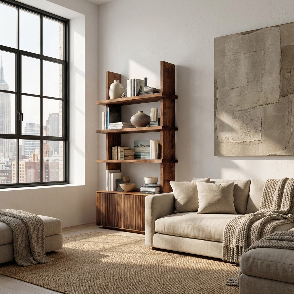 Fluted Wood Bookshelf With Vertical Open Shelving For Living Rooms