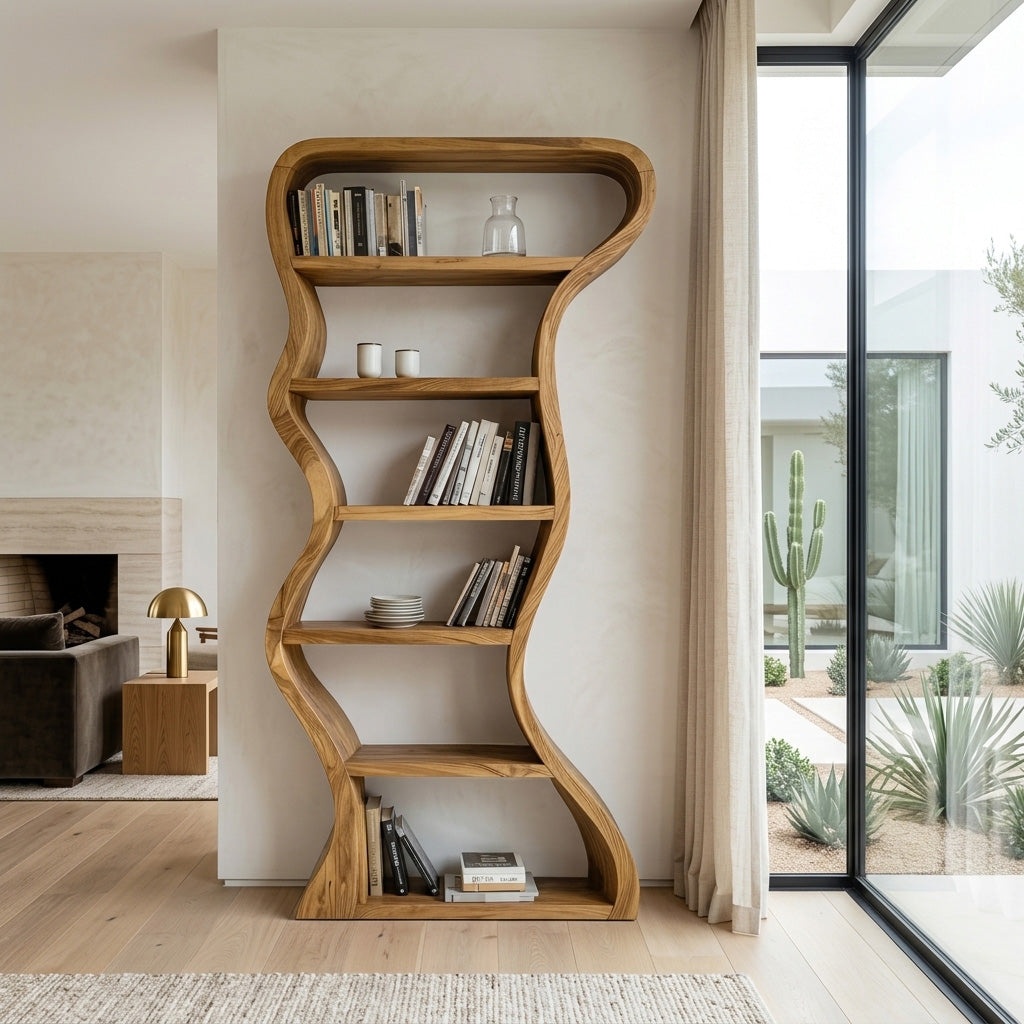Extra-Tall Wavy-Sided Wood Bookcase, 71 to 86 Inches High
