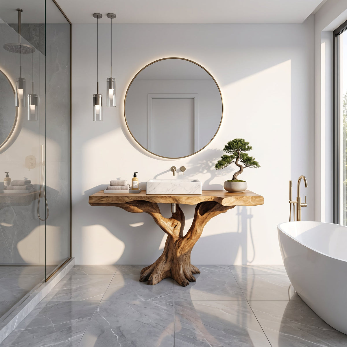 Handcrafted Solid Wood Bathroom Vanity Live Edge For Natural Spa Bath