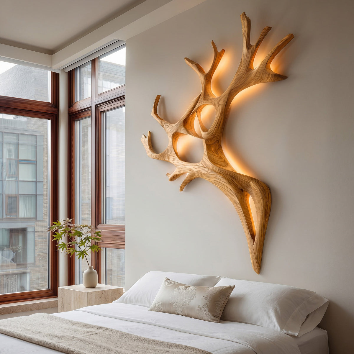 Backlit Carved Branch Wall Lamp, Sculptural Wood, 47 to 63 Inch Tall