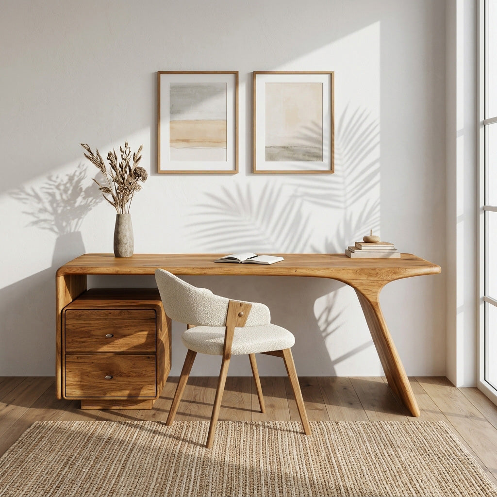 Curved Pedestal Wood Writing Desk with Drawers, 59 to 79 in Wide
