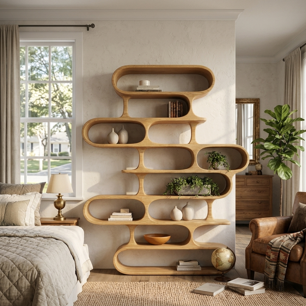 Flowing Curved Frame Wood Bookcase for Office, 63 to 79 in Tall