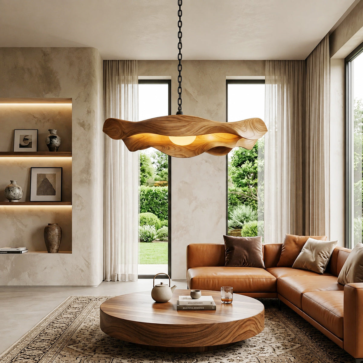 Modern Sculptural Solid Wood Pendant Light with Flowing Contours