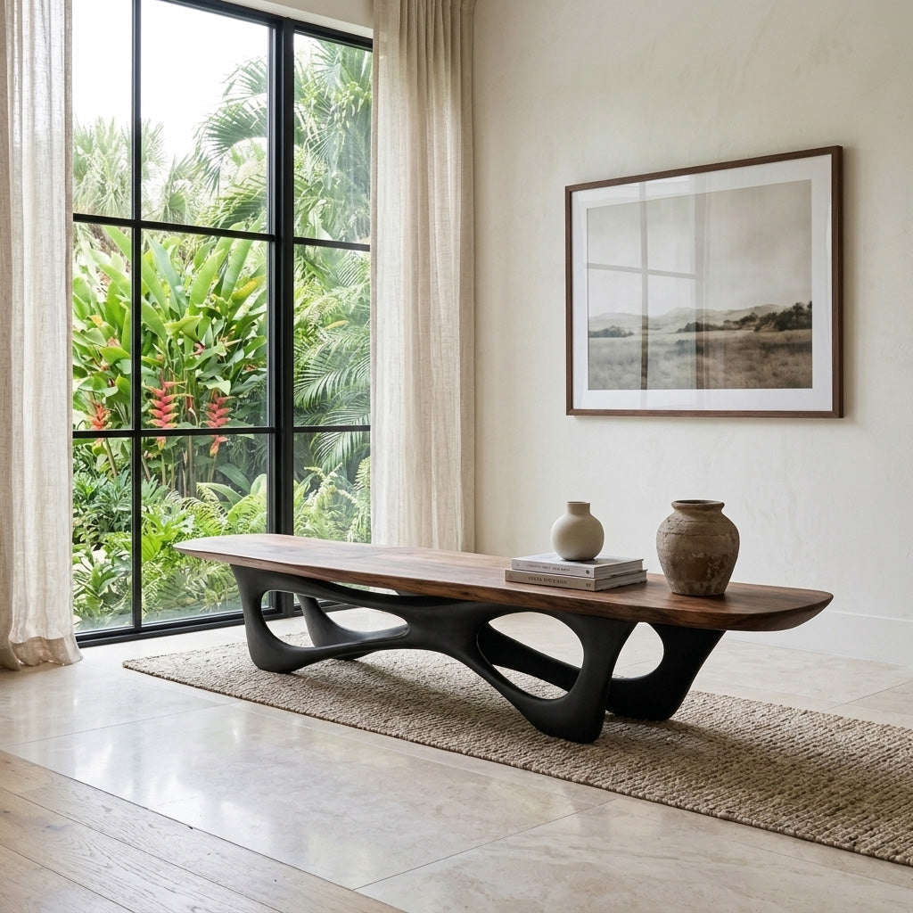 Bold Curve Wood Bench For Apartments, 47 To 73 Inch Long