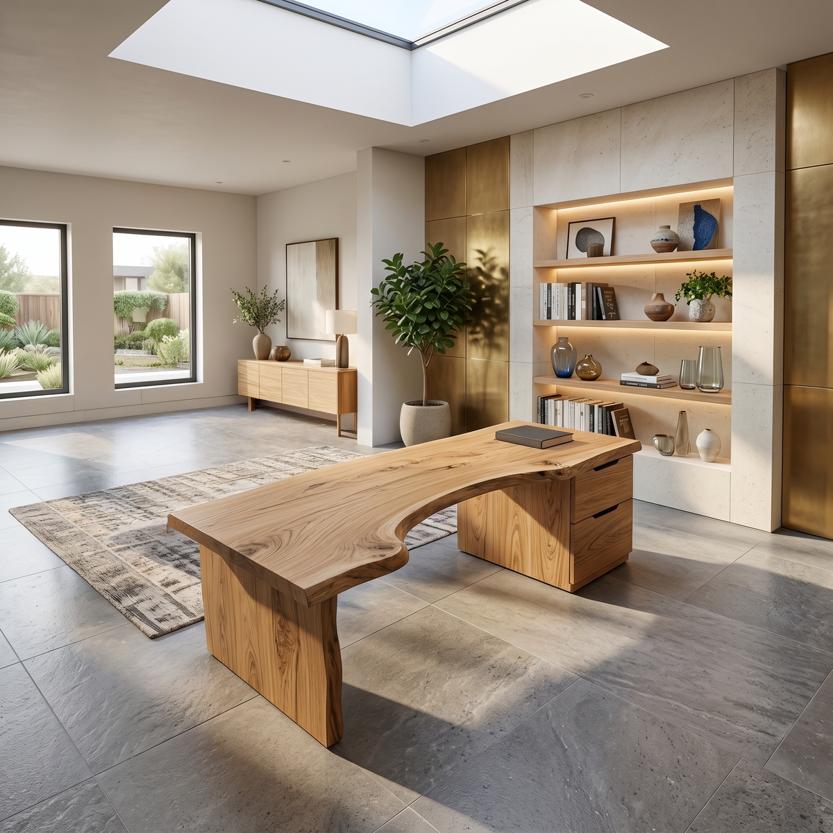 Asymmetric Live Edge Wood Writing Desk with Drawers, 59 to 79 in