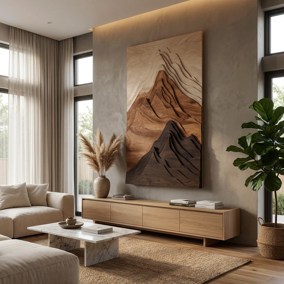 Vertical Mountain Relief Wood Wall Sculpture For Entryways