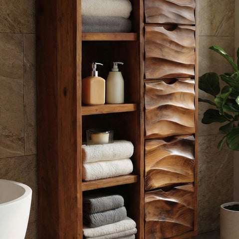 Spa Bathroom Cabinet With Textured Drawers And Open Shelves