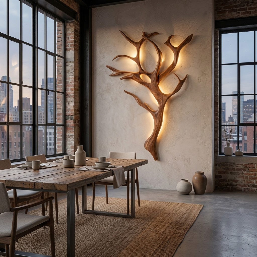 Handcrafted Wood Tree Branch Wall Lamp with Integrated Lighting