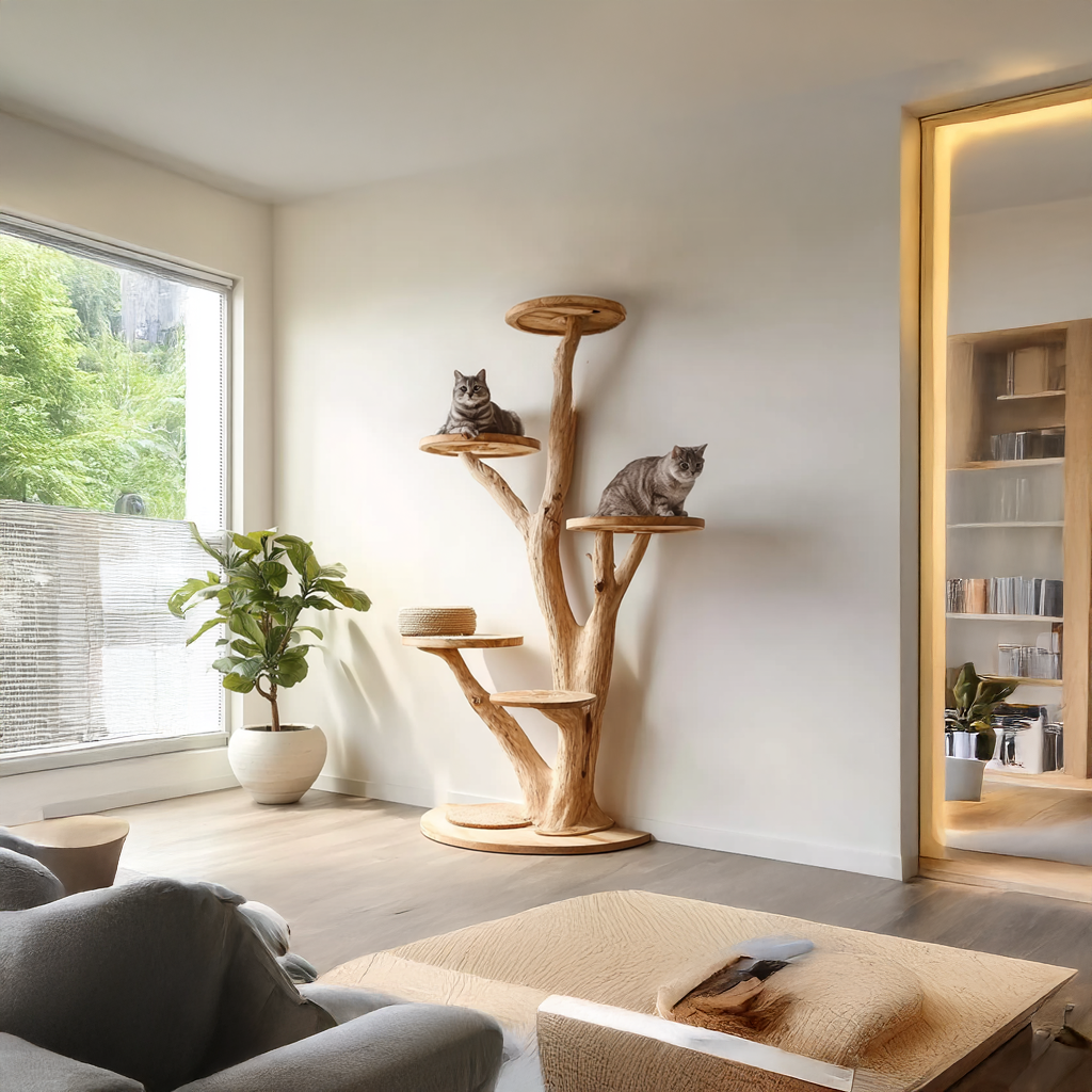 Rustic Solid Wood Tree Cat Tower with Branch Perches