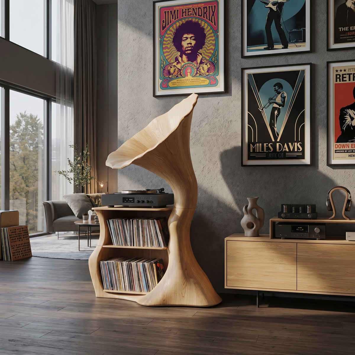 Tall Hardwood Vinyl Record Cabinet with Open Cubbies, 60 to 68 in