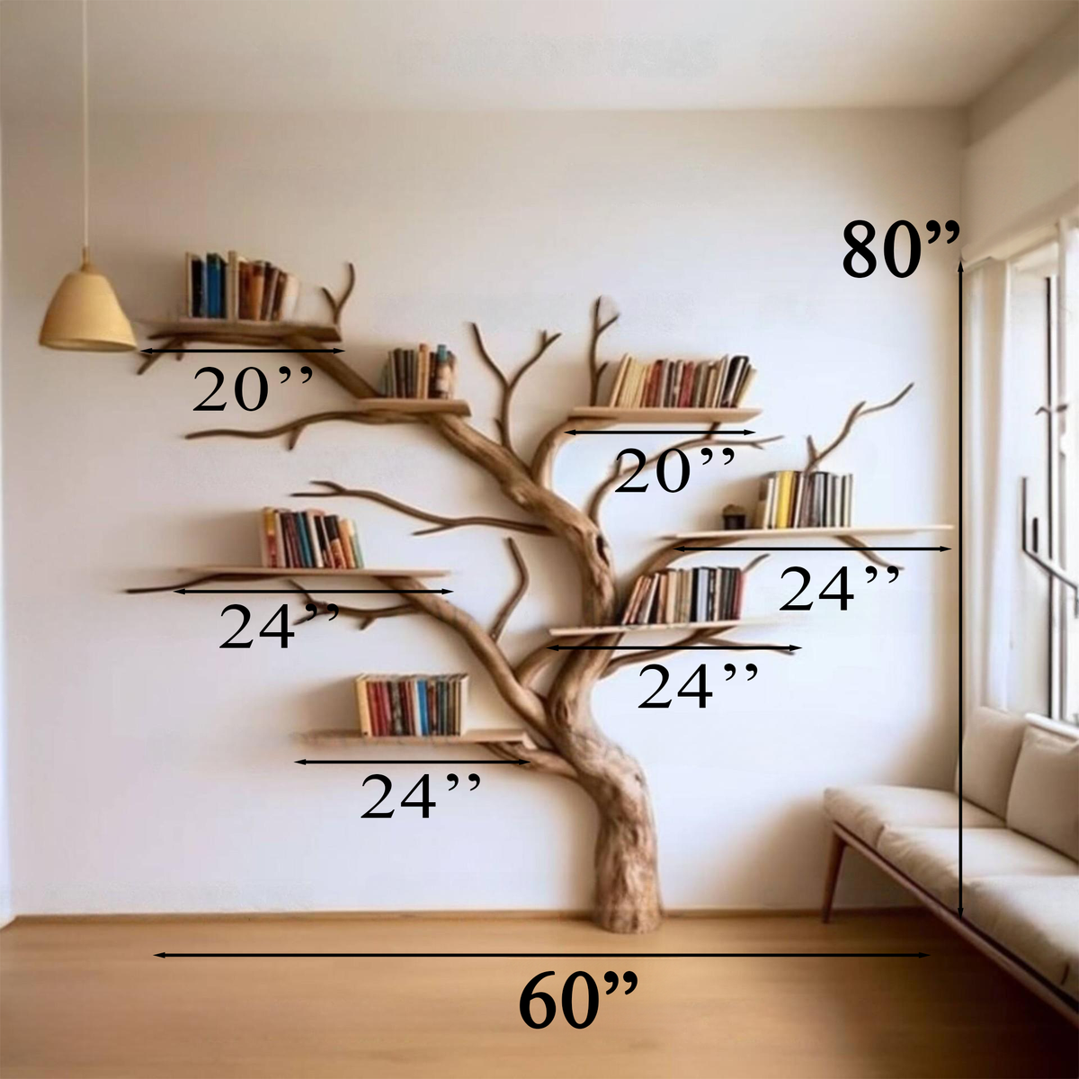 Spreading Branch Wall Bookcase, Tall 80 x 60 or Wide 58 x 71 in