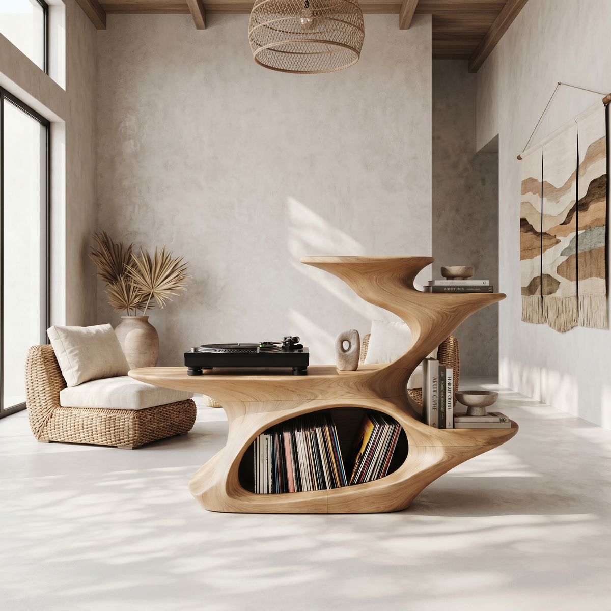 Live Edge Vinyl Record Console, 39 in High, 50 to 60 Inches Wide