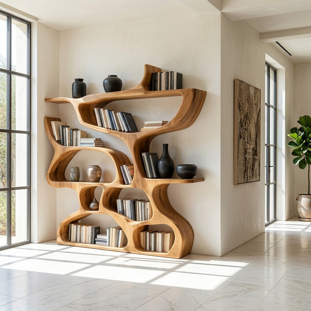Freeform Carved Wood Bookcase with Irregular Open Cubbies, 47-79 In Tall