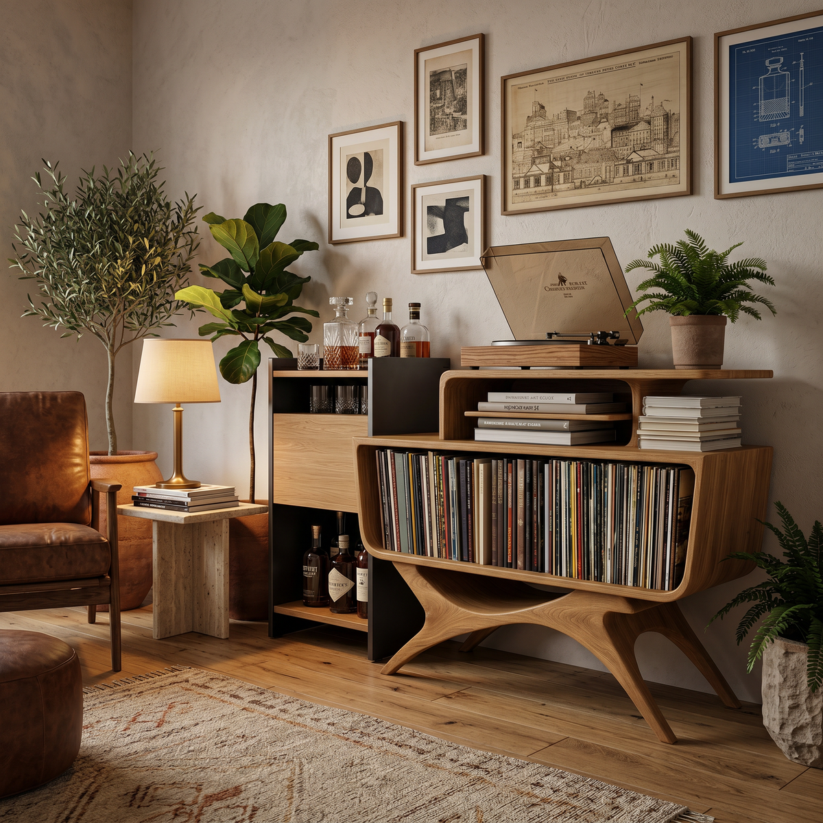 Turntable Console with Raised Top and Vinyl Shelves, 41 to 59 in