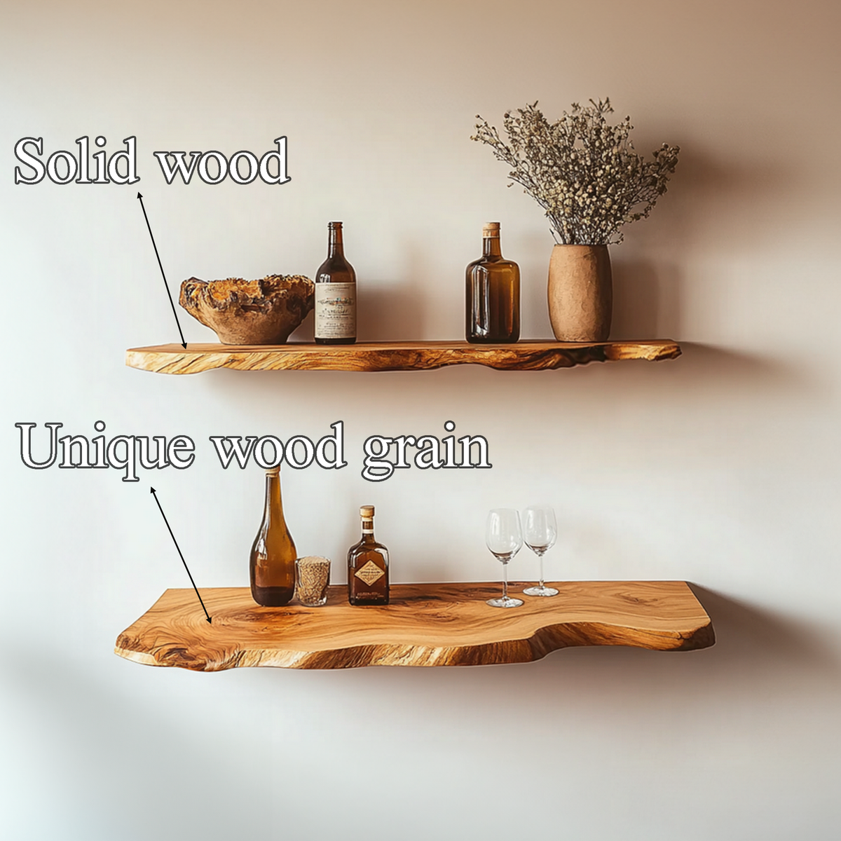 Rustic Live Edge Office Wall Shelf, 10 To 47 Inch Wide