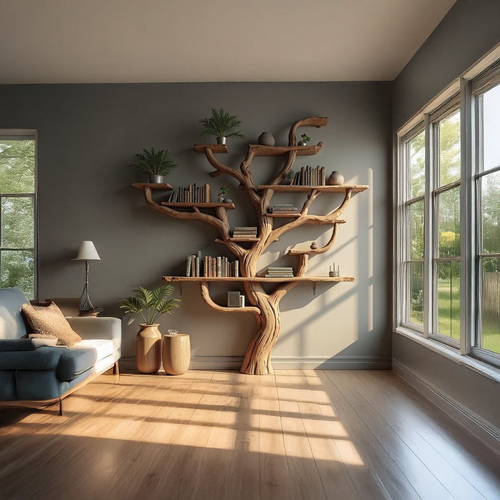 Wall Mounted Tree Branch Corner Bookshelf in Natural Wood