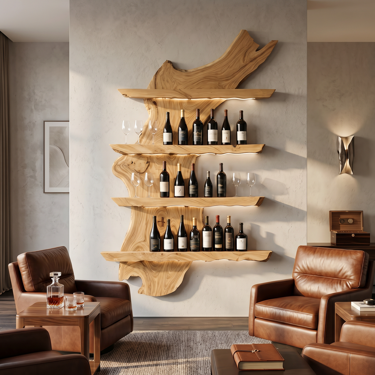 Wall-Mounted Wine Bottle Display in Monkey Pod Wood, 39 to 65 Inch