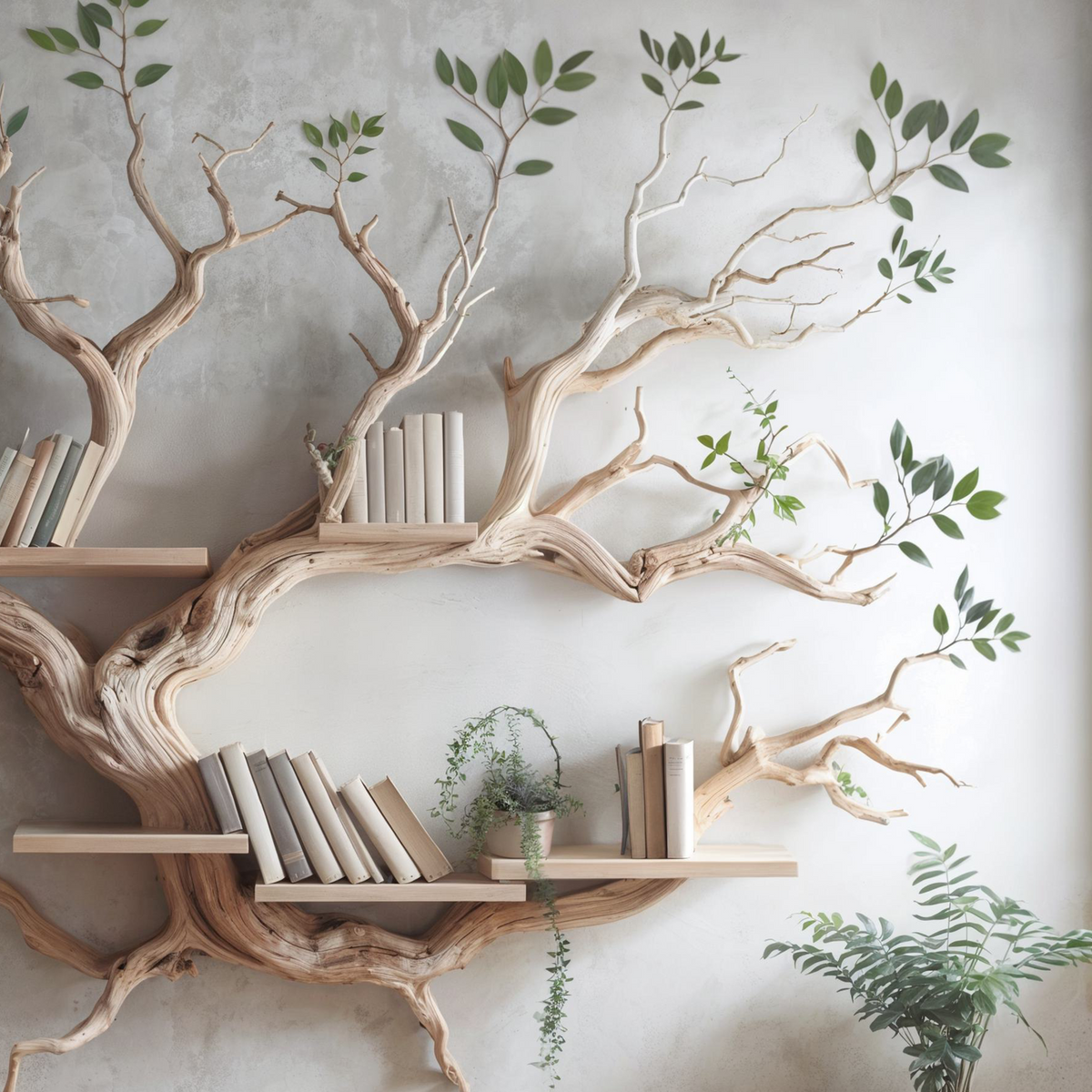 Mid-Century Driftwood Tree Wall Bookshelf, 70 x 60 Inch