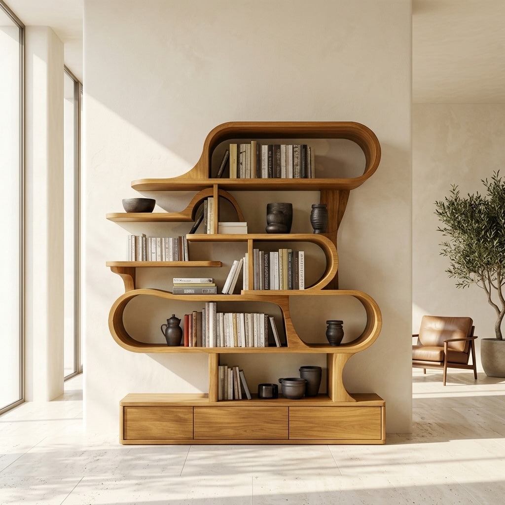 Layered Curve Wood Shelving Unit for Living Room, 59 to 79 in Tall