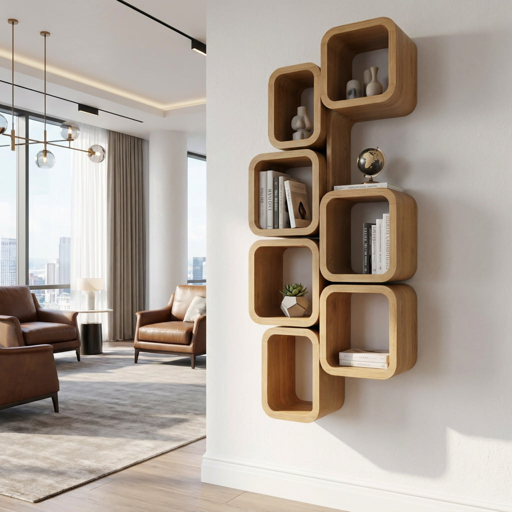 Geometric Interlocking Square Wall Shelf Unit in Wood, 55-79 in