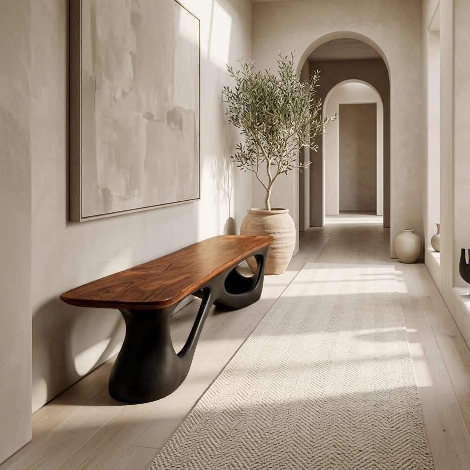 Natural Wood Window Seat Bench With Architectural Base