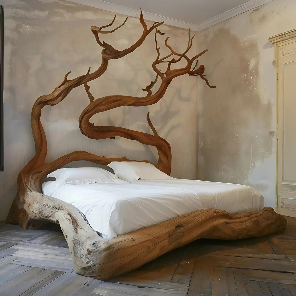 Curved Solid Wood Rustic Platform Bed Frame, Queen Or King