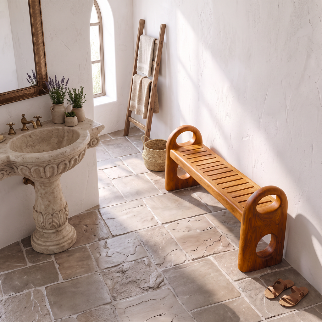 Scandinavian Bathroom Bench With Simple Backless Form For Bathroom
