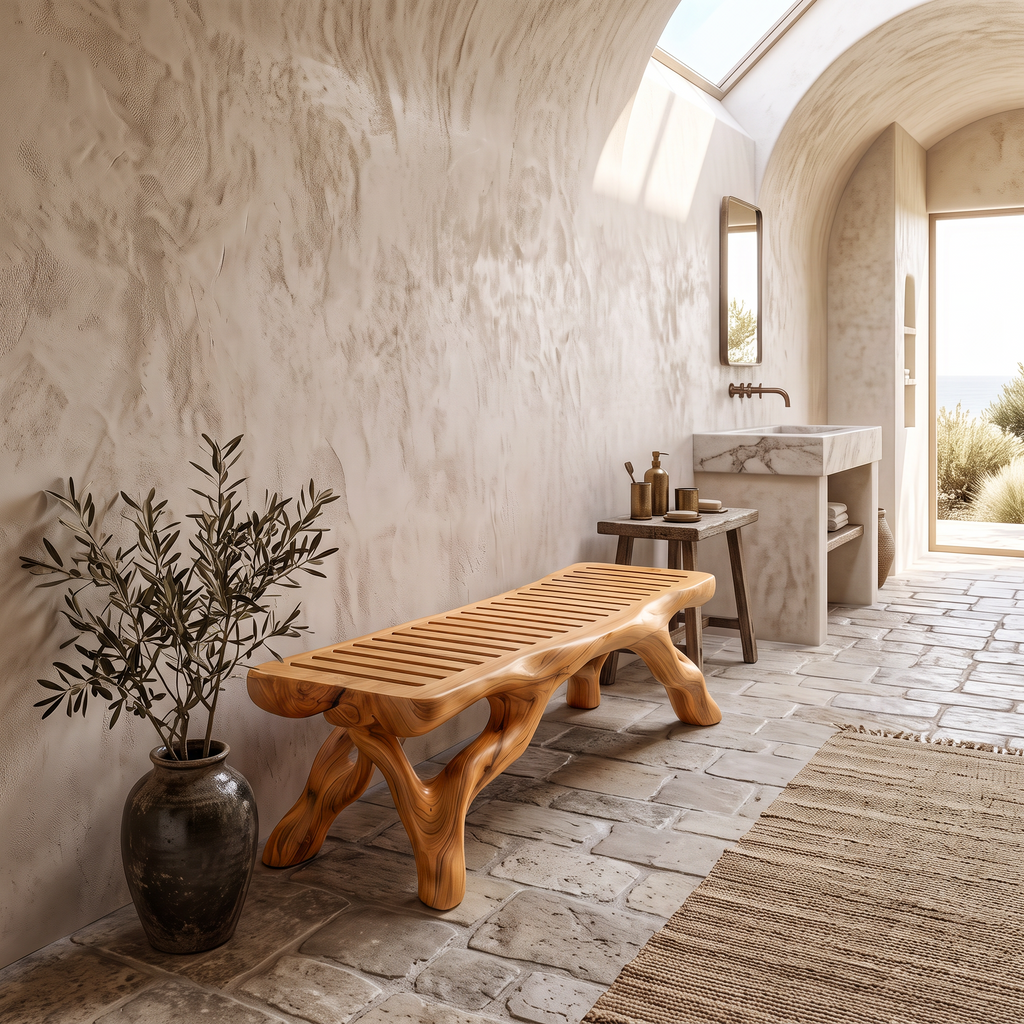 Organic Bathroom Bench With Branch Inspired Sculptural Legs For Bathroom