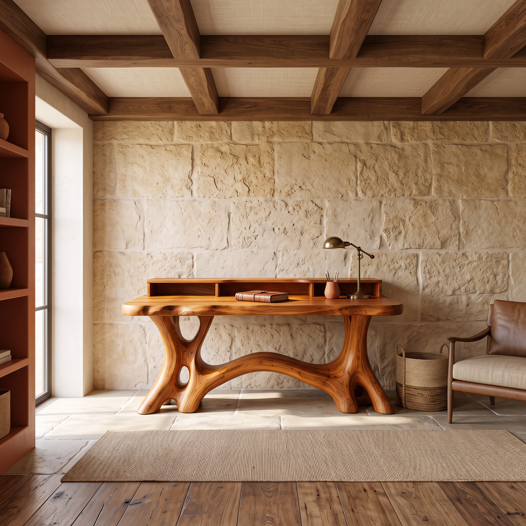 Natural Bookcase Desk With Tree Inspired Upper Storage For Study Room